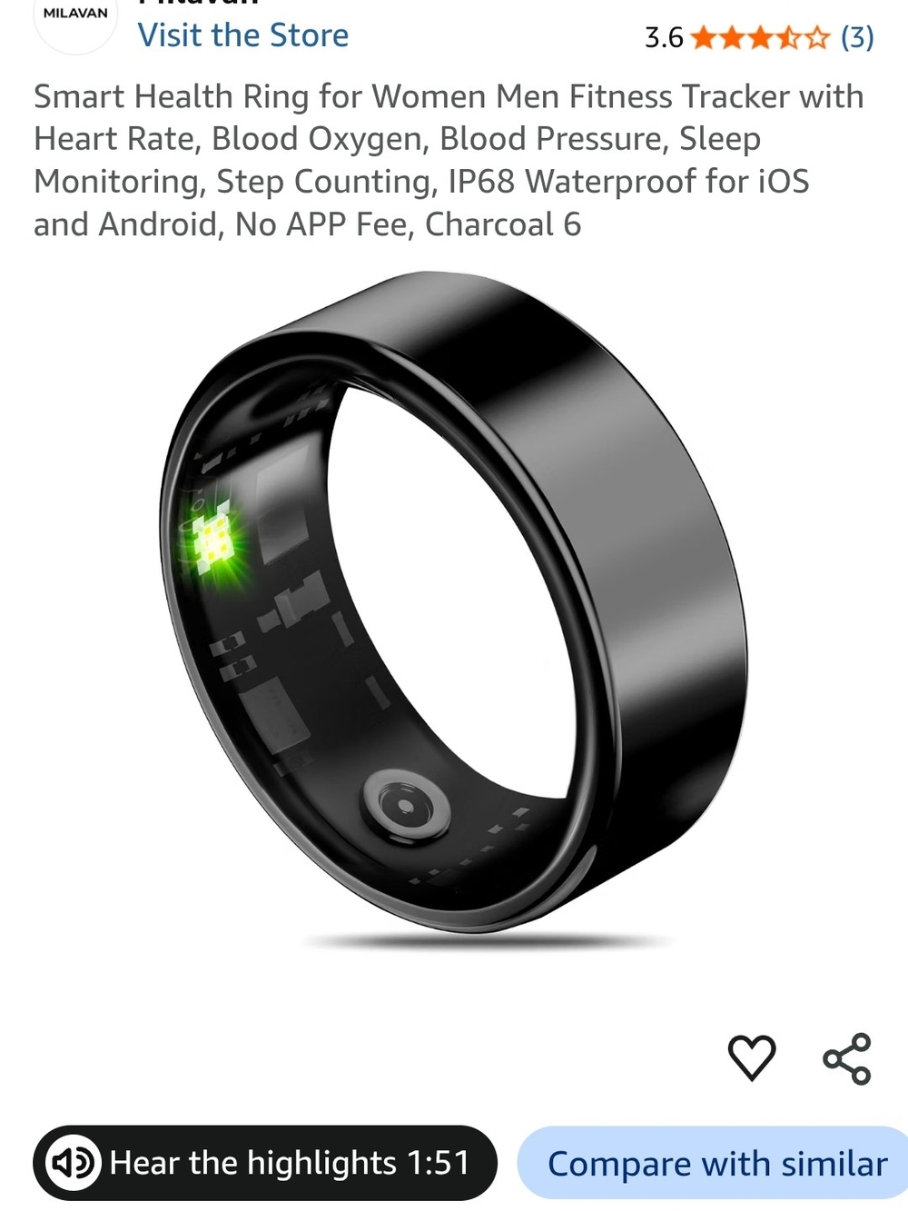 Charcoal Black Smart Health Ring Fitness Tracker -